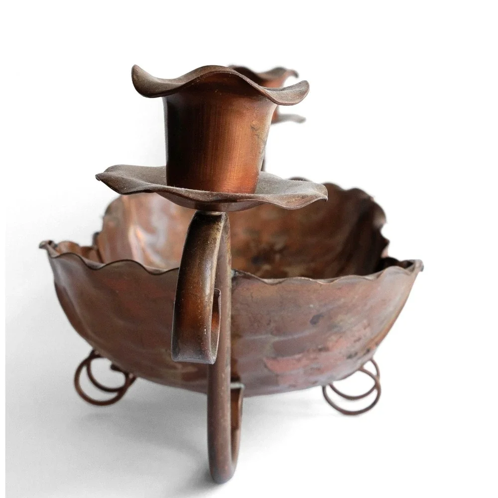 Vintage Gregorian Copper Centerpiece Bowl Candle Holder Set Cottagecore Rustic